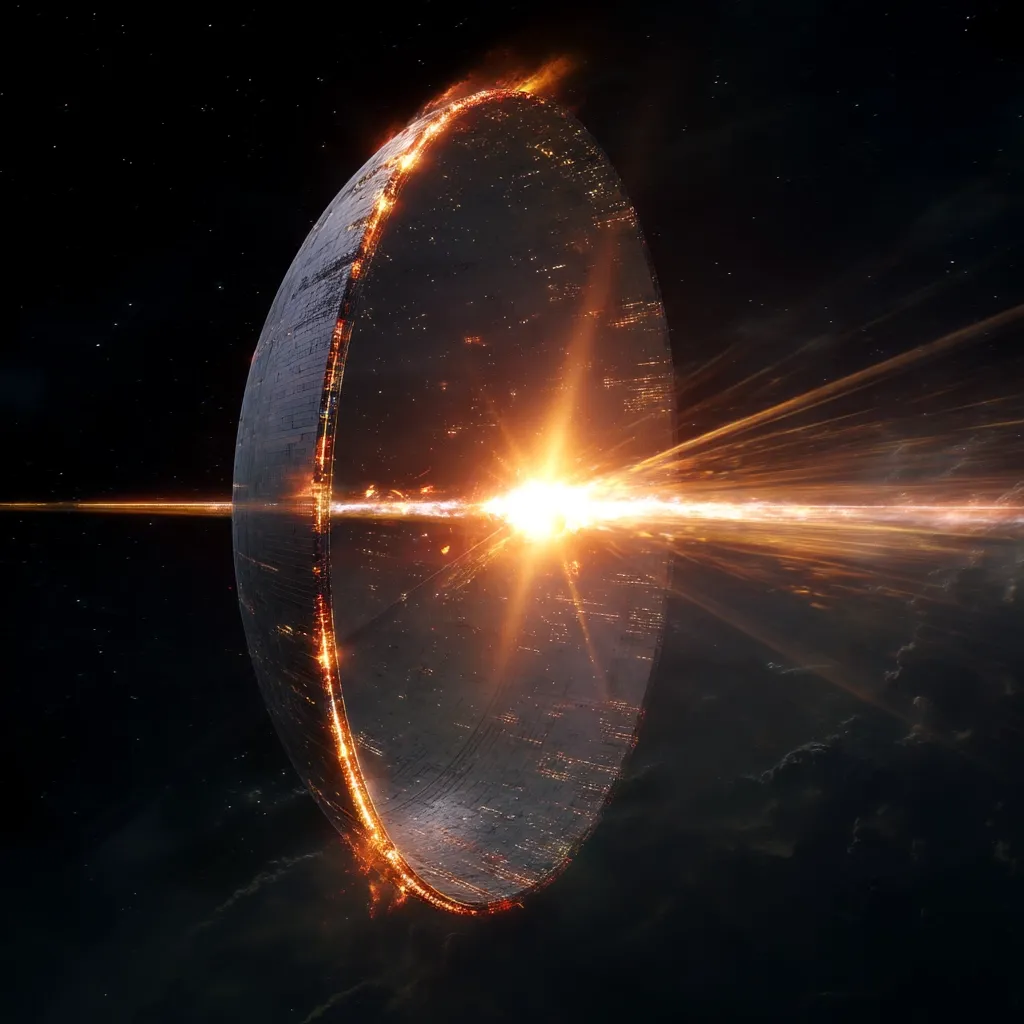 A massive, ring-shaped space station, possibly a Halo from the Halo video game franchise, is depicted.  A bright, intense beam of energy erupts from its center, causing fiery destruction along the ring's edge. The scene is set against the backdrop of a dark, star-filled space, emphasizing the scale and power of the structure and the energy discharge. The overall image suggests a moment of intense action or destruction.