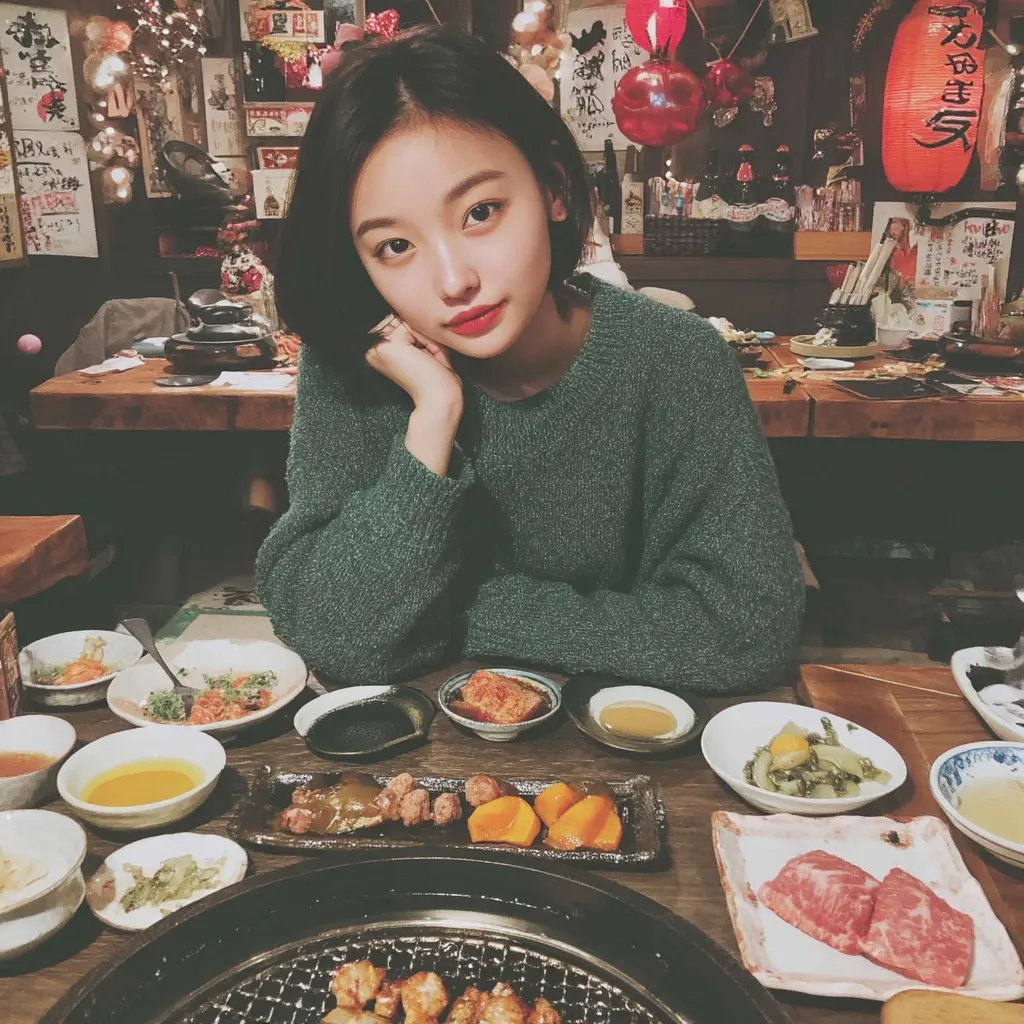 A young woman with short dark hair sits at a table in a Japanese restaurant. She's wearing a green sweater and has her hand gently resting on her cheek.  The table is laden with various small dishes of food, including what appears to be grilled meat on a hibachi grill in the foreground. The restaurant's ambiance is warm and inviting, decorated with traditional Japanese elements. The overall scene is cozy and intimate.