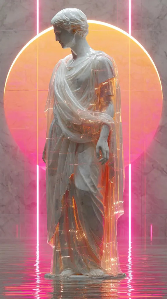 A digital rendering depicts a classical statue of a woman, draped in flowing robes, standing in shallow water.  Bright pink neon lights illuminate the scene, casting a vibrant glow on the statue and the surrounding reflective surface. A large, warm-toned circle forms a backdrop, creating a striking contrast with the cool tones of the sculpture. The overall aesthetic is surreal and blends classical art with modern digital design.