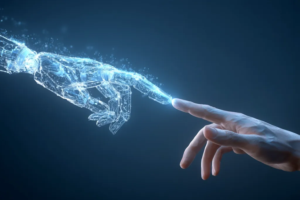 A stylized image depicts a human hand and a robotic hand reaching towards each other, their index fingers almost touching.  The robotic hand is rendered as a luminous blue network of lines and points, suggesting digital construction.  The contrast highlights the connection between human and artificial intelligence, possibly symbolizing collaboration or the future of technology. The dark blue background emphasizes the ethereal quality of the image.