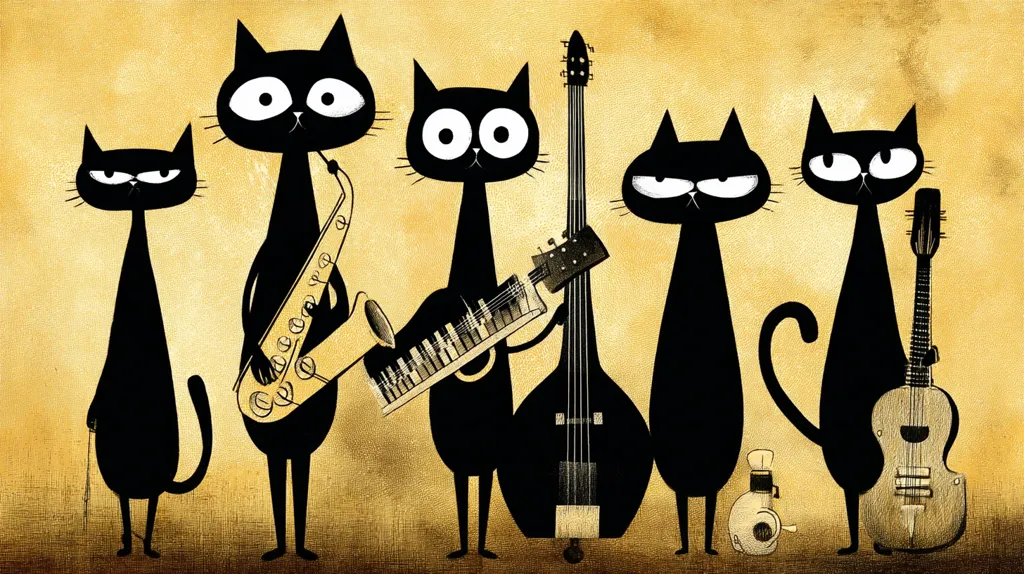 Five stylized black cats form a jazz band.  One plays a saxophone, another a keyboard-like instrument, a third a double bass, and a fourth a guitar.  A smaller cat stands beside them, seemingly holding a small object.  The artwork is rendered in a vintage style on a muted gold background. The cats have large, expressive eyes and simple, elegant forms.