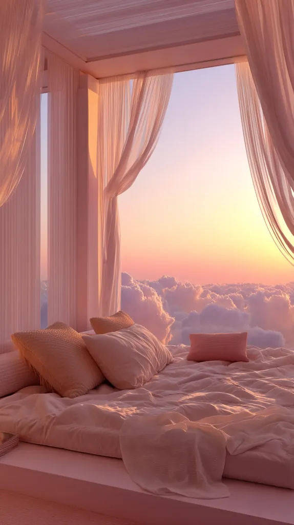 A dreamy bedroom features a low platform bed dressed in soft, pale pink linens.  Plush pillows are arranged invitingly, and sheer, flowing curtains frame a large window showcasing a breathtaking sunset over a sea of clouds. The overall ambiance is serene and tranquil, evoking a sense of peace and calm.  The soft light bathes the room in a warm, romantic glow.