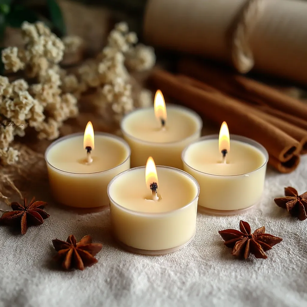 Four lit tea light candles in creamy beige containers sit on a light beige fabric surface.  Surrounding them are dried flowers, cinnamon sticks, and star anise. The overall mood is warm, inviting, and subtly spiced.  The soft lighting enhances the candles' glow.