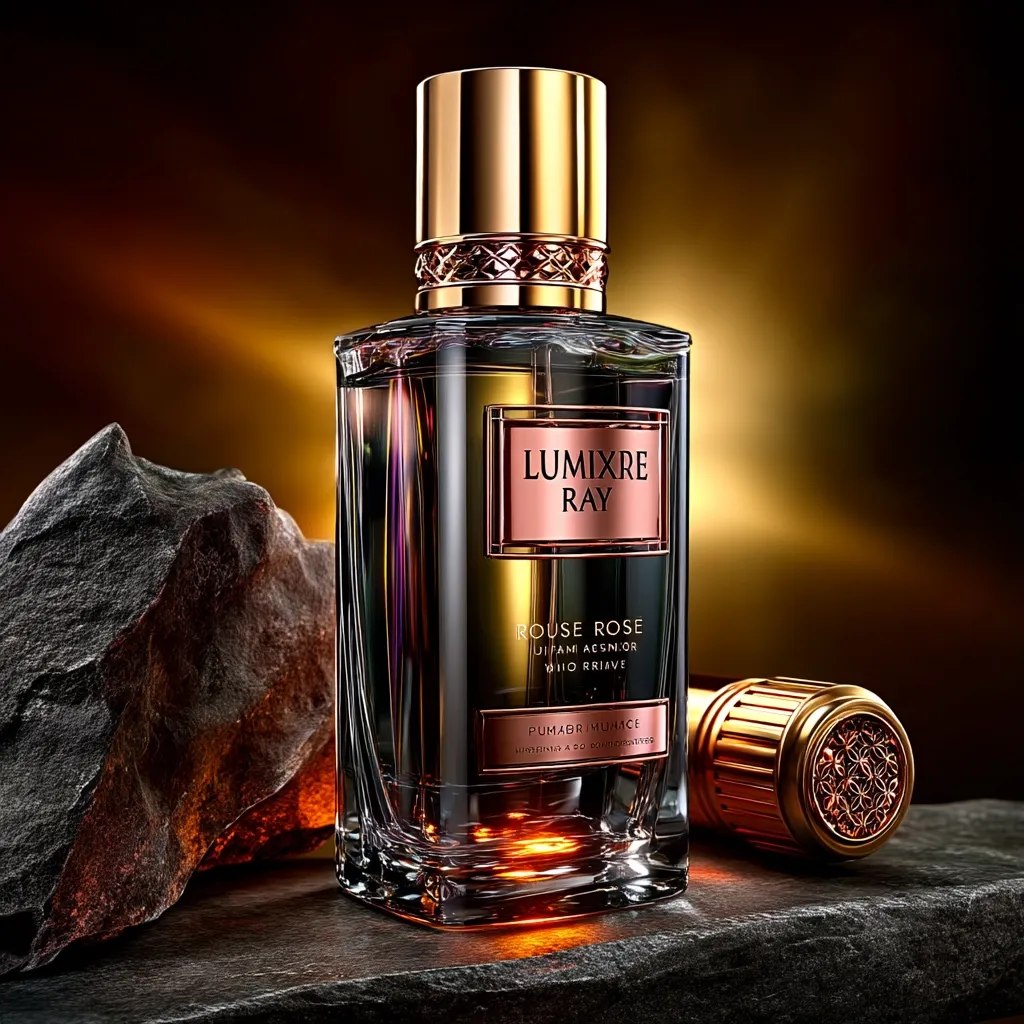A bottle of Lumixre Ray perfume is showcased.  The rectangular bottle, with a gold cap and label, features a rich amber liquid.  The label indicates "Rouse Rose" and other text suggesting fragrance notes.  The bottle rests on a dark stone surface alongside a portion of its packaging, creating a luxurious and sophisticated aesthetic. The background is a warm, dark gold.