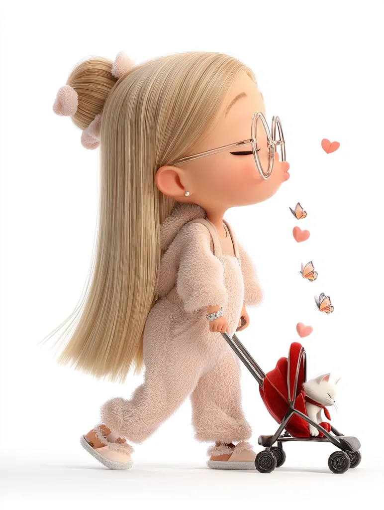A cute, 3D-rendered girl with long blonde hair and round glasses blows kisses, sending pink hearts and butterflies into the air.  She's dressed in a fluffy pink onesie and pushes a red stroller containing a small white kitten. The image is bright and cheerful, conveying a sense of sweetness and affection.