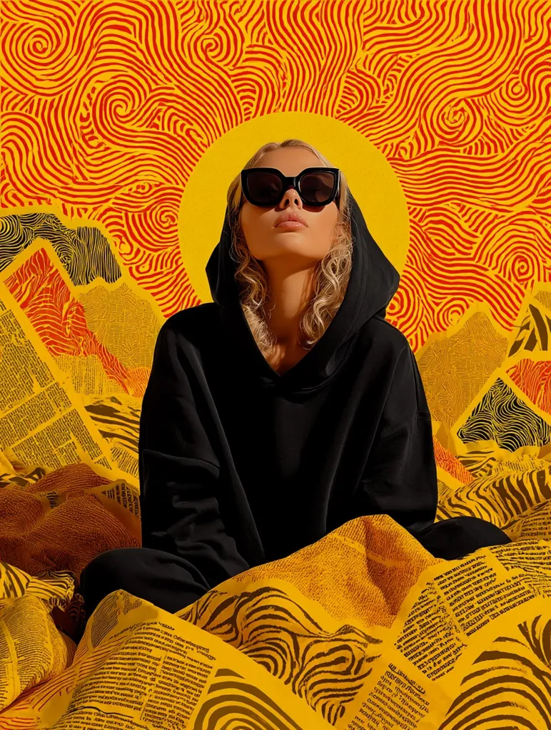 A young woman with blonde hair, wearing black sunglasses and a black hoodie, sits on a vibrant yellow and red patterned surface. The background is a bold sun design with swirling lines, overlaid with text resembling newspaper print.  She gazes directly at the camera, creating a striking contrast between the bold background and her calm demeanor. The overall aesthetic is modern and artistic.