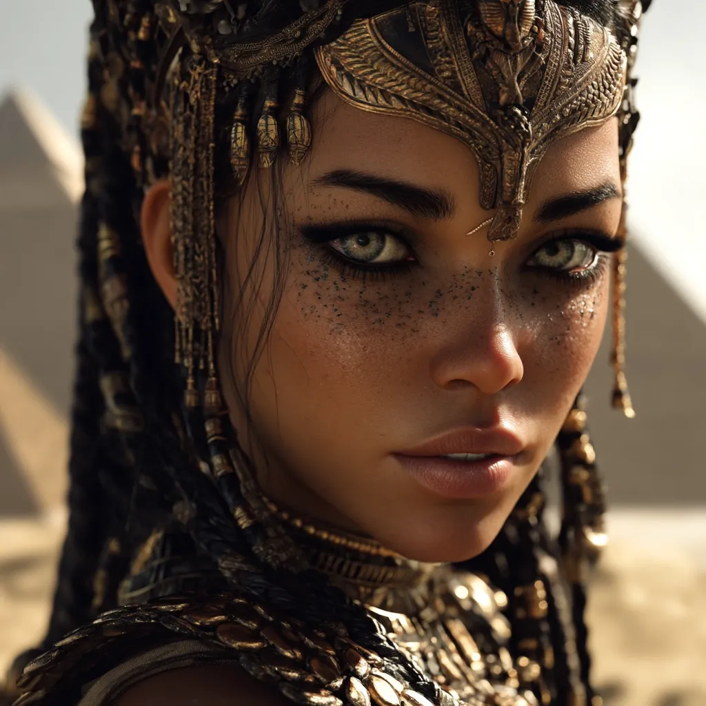 A close-up portrait of a digitally rendered woman, adorned in elaborate gold Egyptian-inspired jewelry.  Her dark hair is styled in intricate braids, and her makeup accentuates her striking green eyes and freckled skin.  The background subtly features pyramids, enhancing the ancient Egyptian theme. The image is highly detailed and realistically rendered.