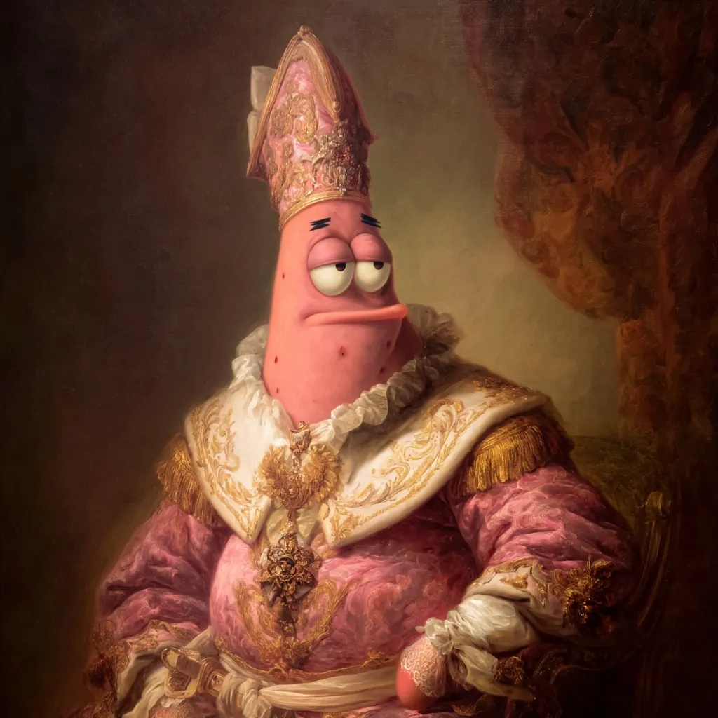 Patrick Star, the starfish from Spongebob Squarepants, is depicted in the style of a Baroque portrait.  He's adorned in elaborate, pink and gold regal attire, complete with a papal tiara.  His expression is one of weary boredom or disdain, contrasting sharply with the opulence of his clothing. The painting mimics the rich textures and dark background typical of classical portraiture.