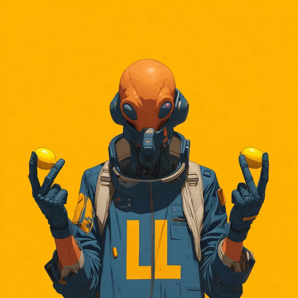 Against a vibrant yellow backdrop, a futuristic astronaut, with an orange, almost alien-like head and a blue jumpsuit, holds a lemon in each hand. The astronaut's helmet features intricate details, and a large "L" is prominently displayed on their suit. The overall style is digital art, with sharp lines and bold colors creating a striking contrast. The image has a surreal, slightly humorous tone.