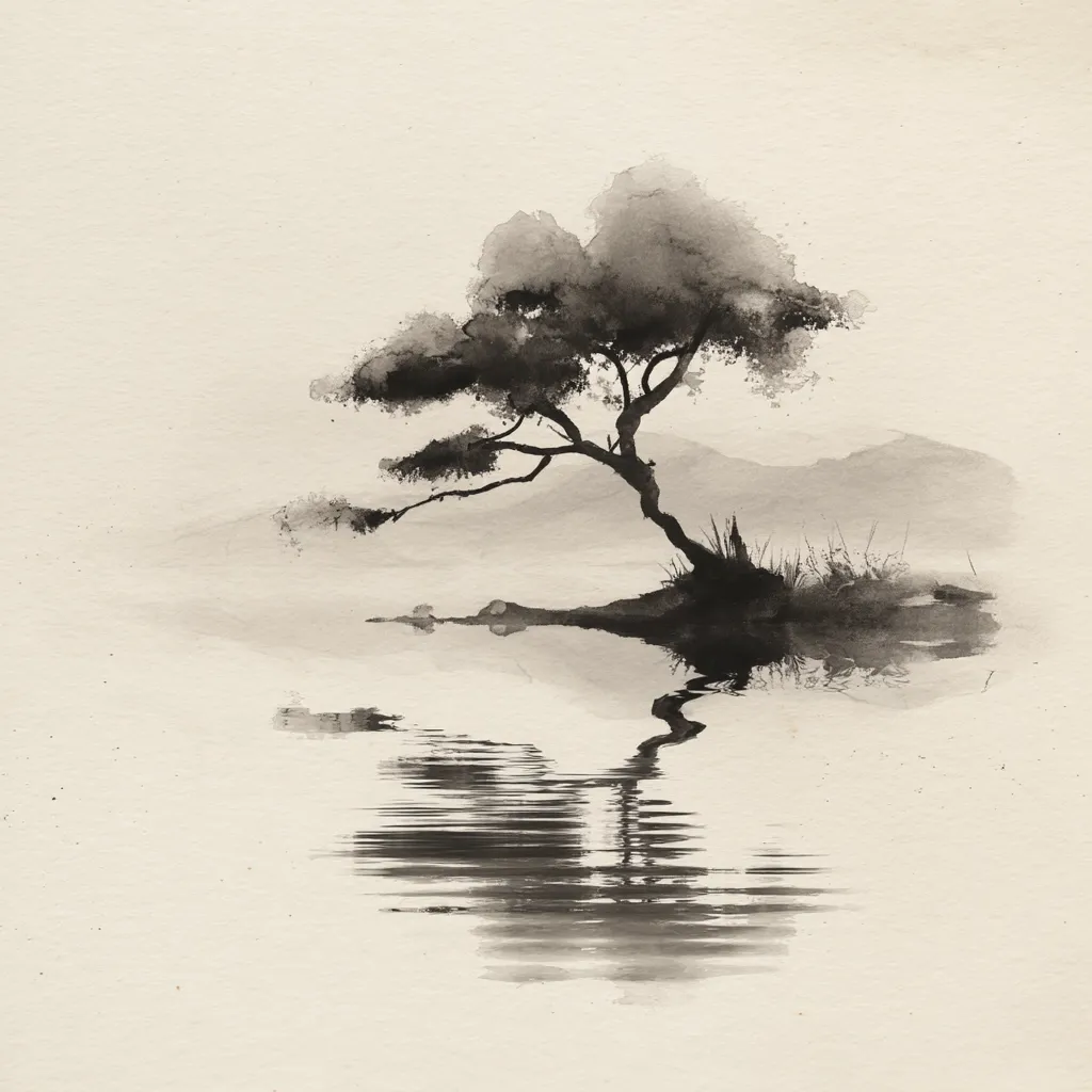 A serene monochrome watercolor painting depicts a solitary tree on a tranquil lake.  The tree, rendered in shades of gray and black, leans gracefully over the water, its reflection mirrored perfectly below.  A hazy, indistinct background suggests distant hills or mountains. The overall style evokes a sense of peace and minimalist beauty, reminiscent of East Asian ink wash painting.