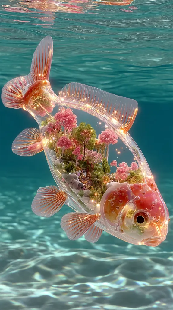 A translucent goldfish swims underwater, its body a miniature, vibrant ecosystem.  Tiny trees and plants bloom within its form, creating a surreal and enchanting scene.  Golden sparkles emanate from within, highlighting the delicate details of the fish and its internal garden.  The turquoise water gently ripples around it, enhancing the magical quality of the image.