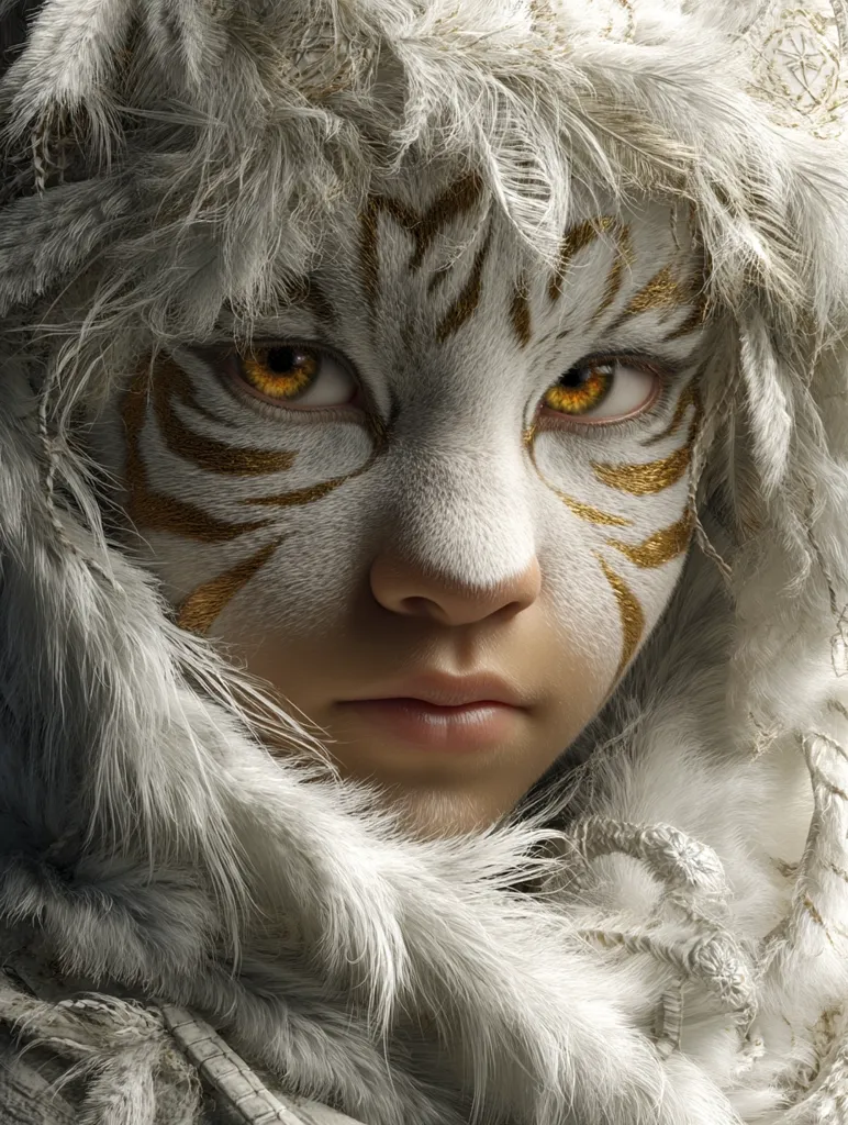 Close-up of a person's face, partially obscured by a fluffy, white hood.  Their face is painted to resemble a white tiger, with gold stripes around the eyes.  The eyes are amber, and the expression is serious and intense. The texture of the fur and paint is highly detailed, creating a mystical and captivating image.