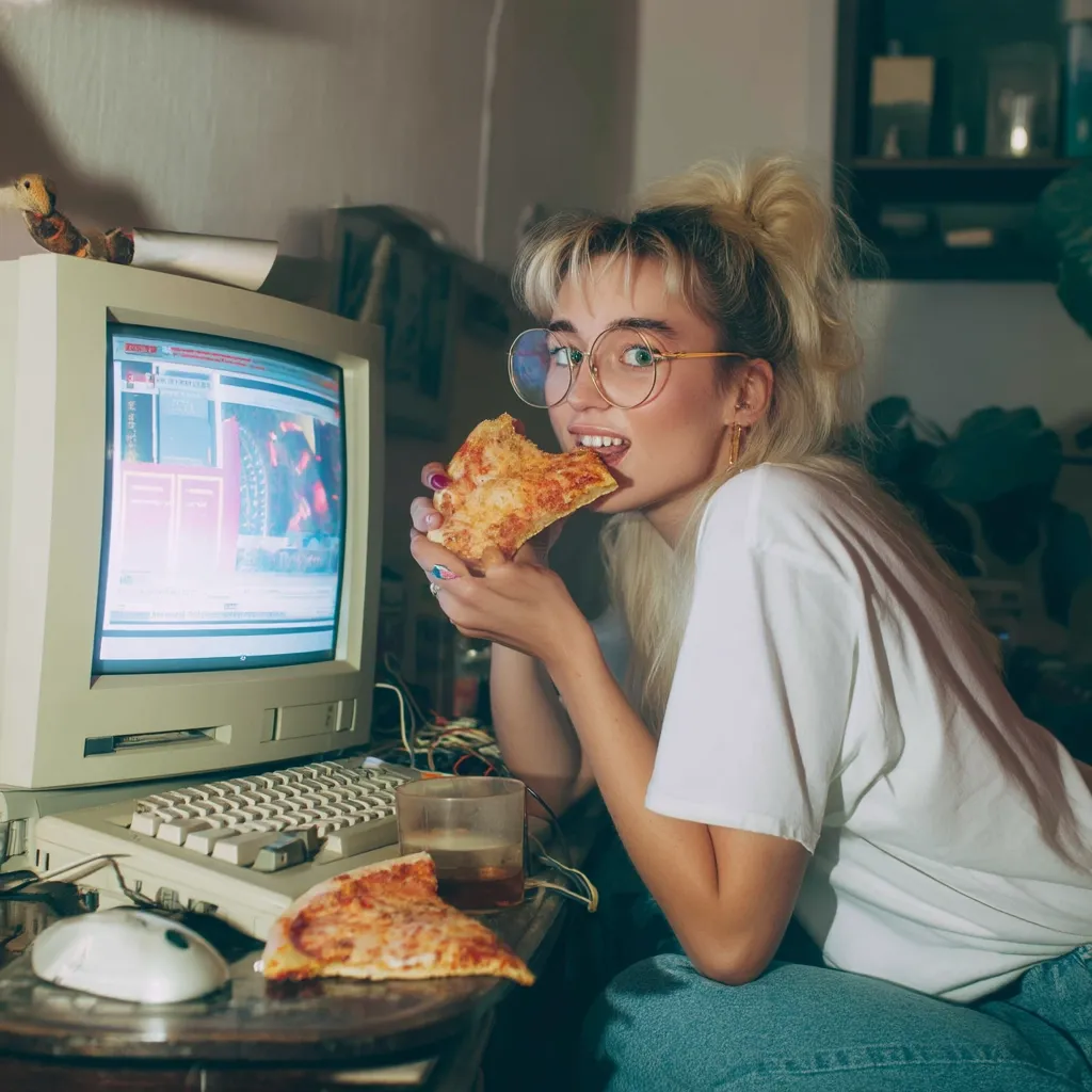 A young woman with blonde hair and round glasses sits at a retro computer, eating a slice of pizza.  She's wearing a white t-shirt and jeans, and a second slice of pizza sits on the desk beside her.  The scene is dimly lit, creating a nostalgic, 90s aesthetic. The computer screen displays a vibrant image.