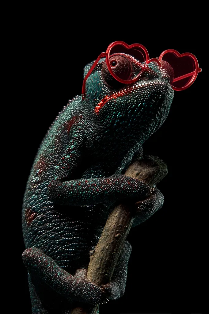 A vibrant green chameleon, meticulously detailed, grips a dark brown branch.  Its striking scales shimmer, contrasting beautifully against the black background.  The chameleon playfully wears heart-shaped, red glasses, adding a touch of whimsy to the image.  The overall effect is a captivating blend of nature's artistry and playful human intervention.