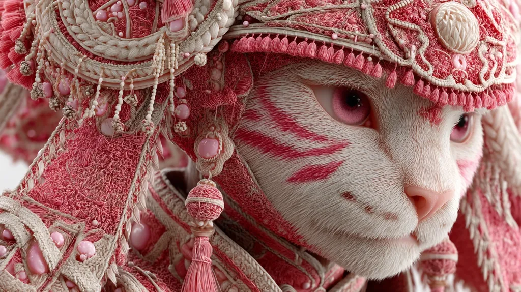 A close-up reveals a white cat adorned in a vibrant pink, intricately detailed costume. The outfit is reminiscent of traditional Asian attire, featuring elaborate embroidery, beading, and tassels.  The cat's face is partially painted pink, complementing the costume's color scheme.  The image's focus is on texture and detail, highlighting the richness of the fabric and the cat's soft fur.