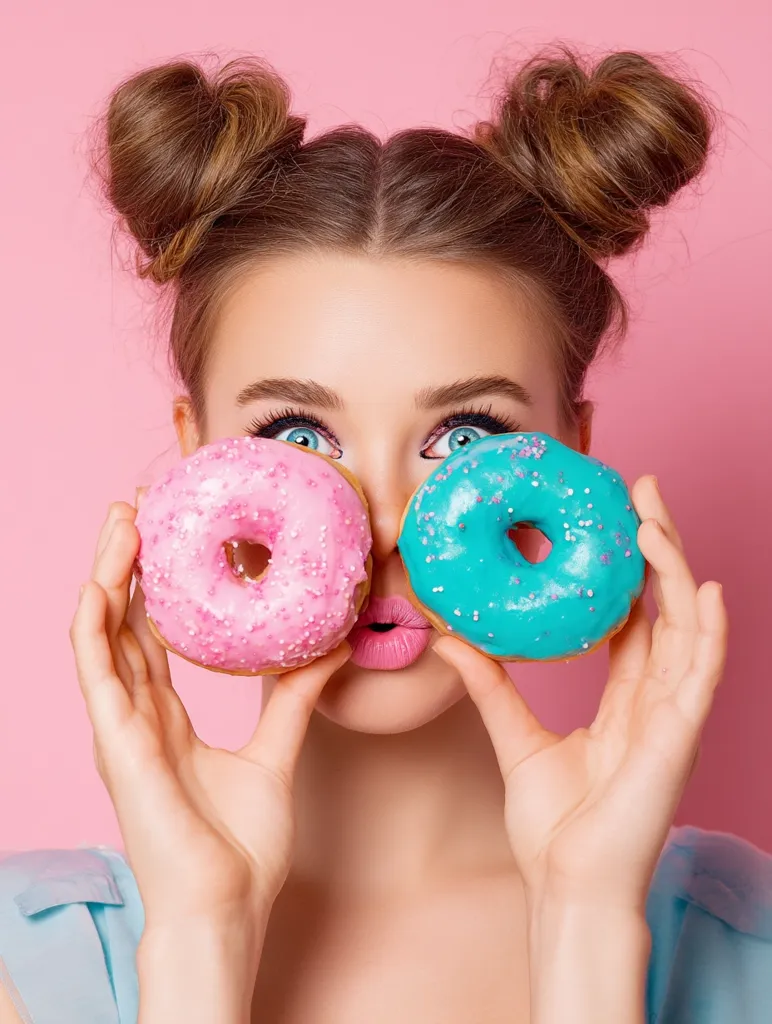 A young woman with her hair styled in two top buns playfully holds a pink and a blue donut up to her eyes, obscuring her face.  She's pursing her lips in a cute expression against a pink background. The image is bright, cheerful, and focuses on the playful interaction between the woman and the sweet treats.