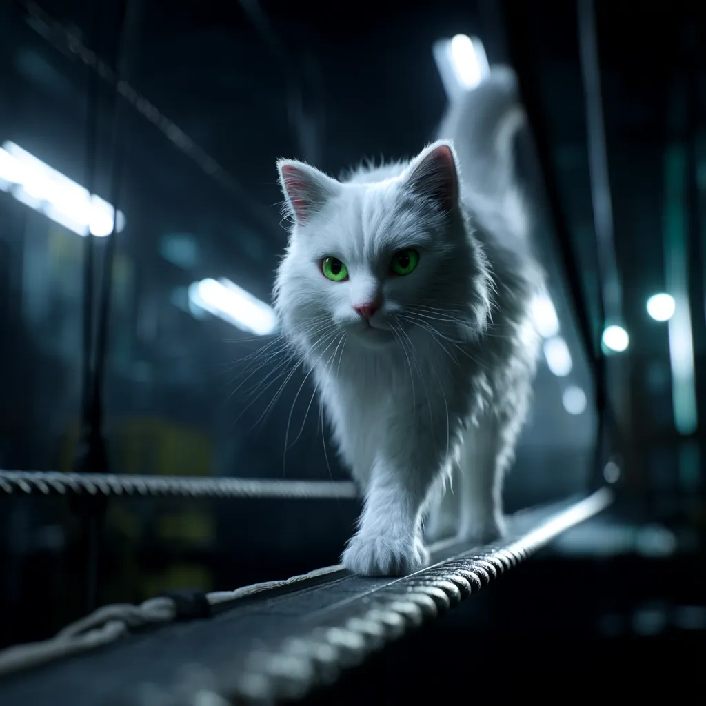 A majestic white longhair cat with piercing green eyes confidently walks along a metallic structure. The dimly lit industrial setting creates a dramatic contrast to the cat's luminous fur.  Its focused gaze and deliberate steps suggest purpose and a sense of mystery. The image evokes a feeling of both elegance and intrigue.