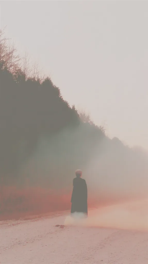 A lone figure, cloaked in dark attire, walks away from the viewer on a dusty road.  A hazy, pale pink light illuminates the scene.  A line of trees, shrouded in mist, forms a backdrop to the desolate landscape. The overall mood is one of mystery and quiet solitude.