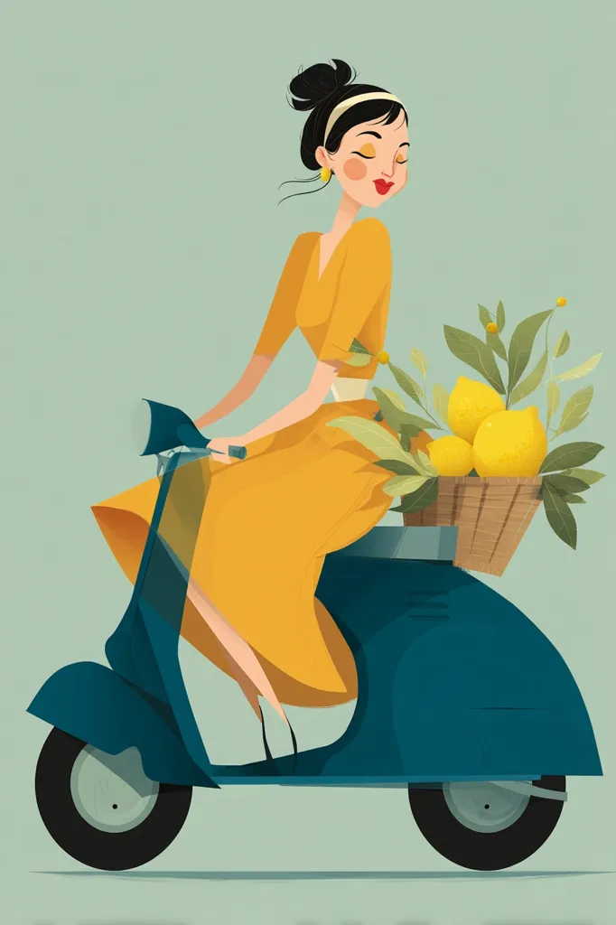 A stylish woman in a yellow dress rides a teal scooter.  A basket brimming with fresh lemons and leaves sits on the scooter's back.  The illustration is in a retro style, with clean lines and a muted color palette, evoking a sense of carefree Italian summer.  The woman's expression is serene and content.