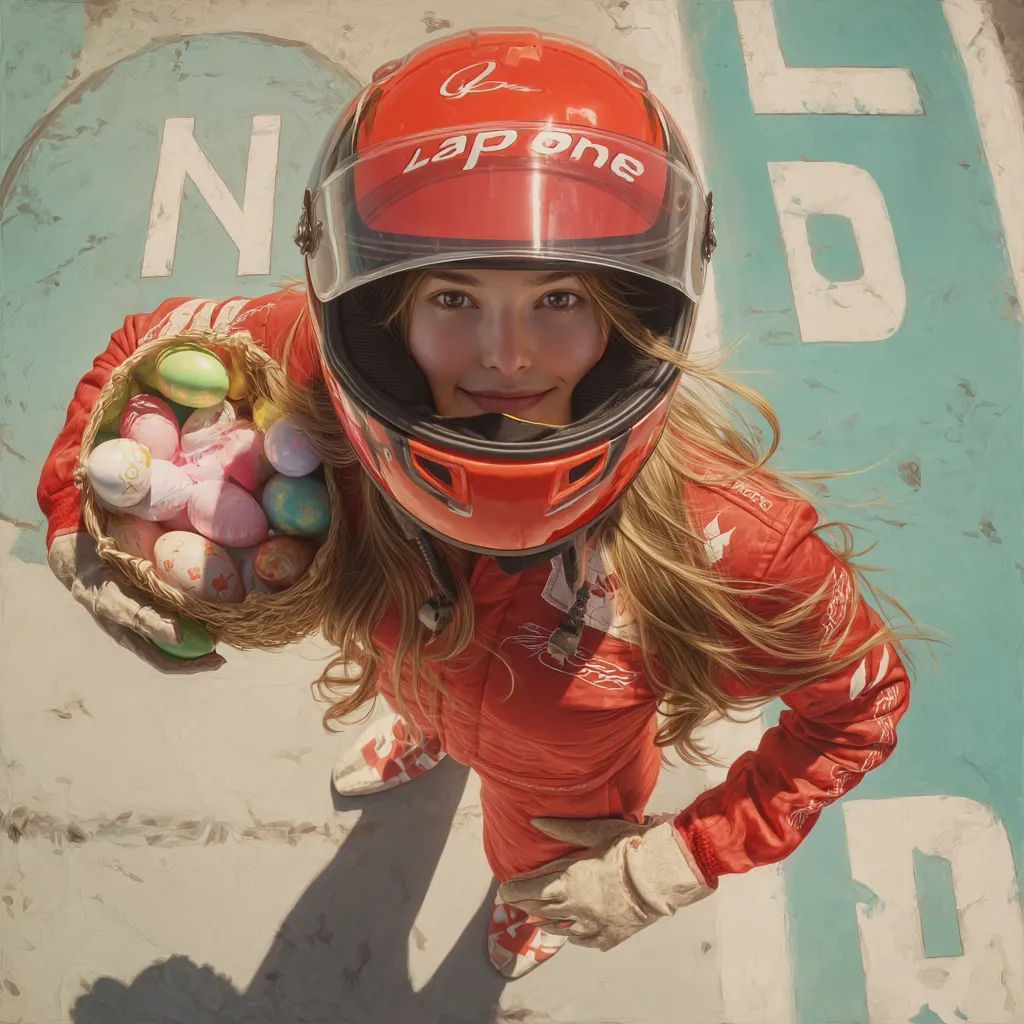 High-angle close-up of a young woman in a red racing suit and helmet, holding a basket of Easter eggs.  She's standing on a race track, her blonde hair flowing around her. The helmet features the words "Lap One," suggesting a racing context juxtaposed with the festive Easter eggs. The image is vibrant and detailed, possibly a painting.