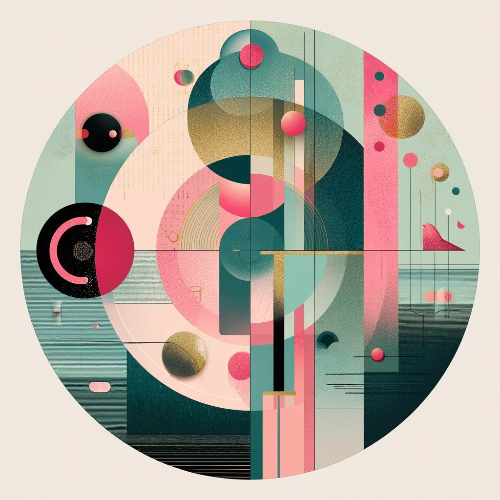 A circular abstract artwork features a blend of geometric shapes and soft colors.  Pink, teal, and gold hues dominate, layered with circles, rectangles, and curved lines.  A small bird is subtly placed near the right edge. The style evokes a sense of balance and harmony, with a slightly retro feel reminiscent of Art Deco or mid-century modern design.  The textures are varied, adding depth and visual interest.