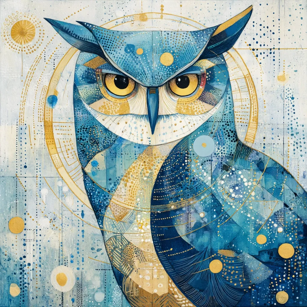 A stylized owl is depicted in shades of blue and gold, set against a textured background of similar colors.  Geometric shapes and patterns overlay the owl's form, creating a cosmic or celestial feel.  The owl's intense gaze and detailed feathers are prominent, contrasting with the abstract background elements.  Gold accents add a sense of luminescence and depth.