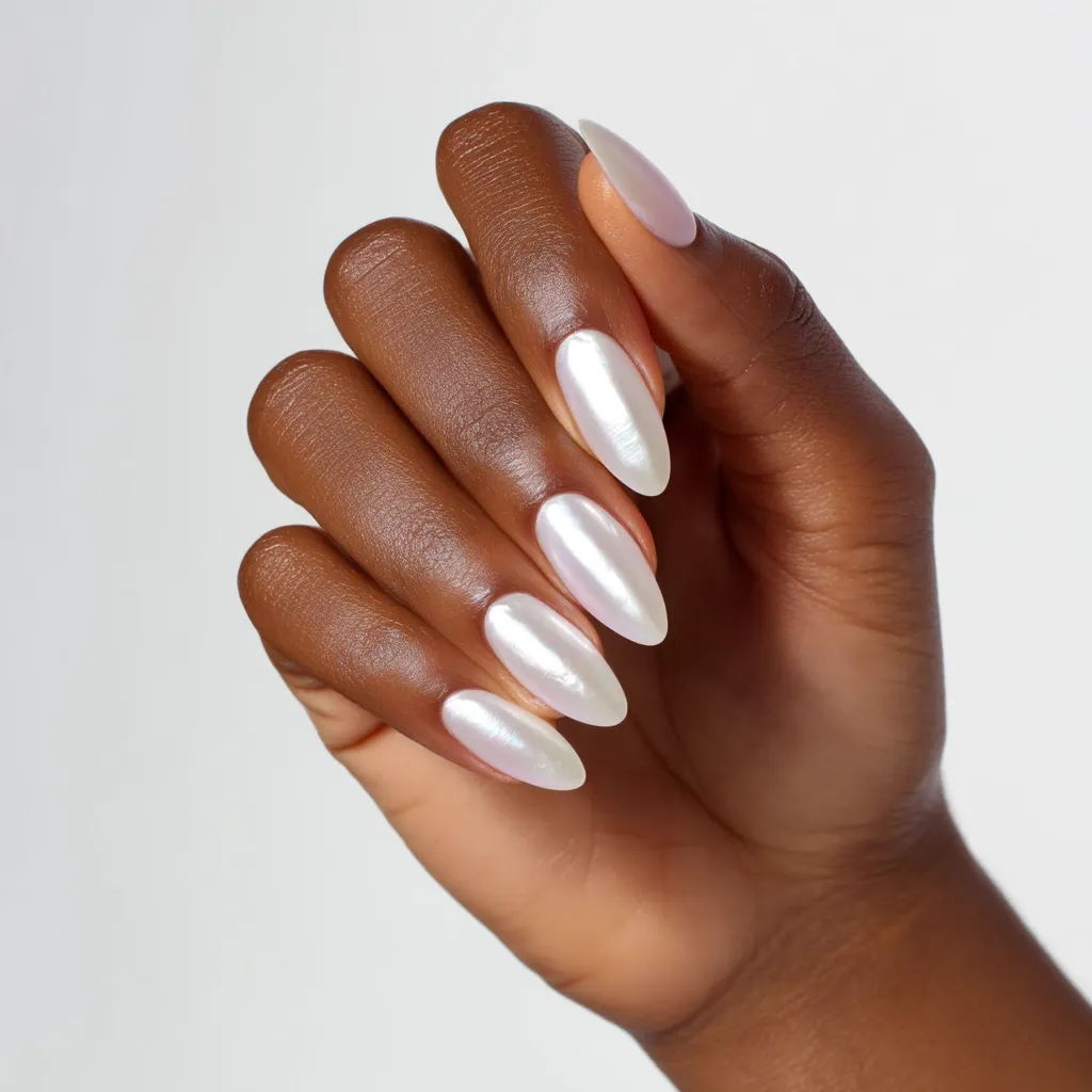 A close-up showcases a hand with dark brown skin adorned with long, almond-shaped nails. Each nail is elegantly painted with a pearly white nail polish, exhibiting a subtle iridescent sheen.  The nails are meticulously manicured, creating a sophisticated and polished look. The image is well-lit, highlighting the lustrous quality of the nail polish.