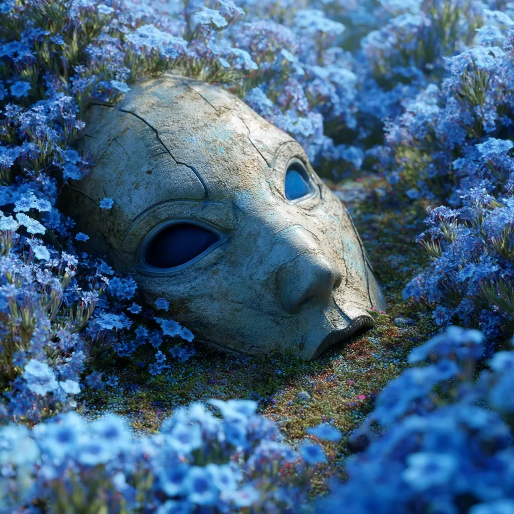 A weathered, metallic mask, possibly ancient or alien in design, rests half-buried in a field of vibrant blue flowers.  The mask's surface shows signs of age and wear, with cracks visible in its stony texture.  The deep blue eyes of the mask contrast with the surrounding blossoms, creating a mysterious and evocative scene. The overall mood is one of quiet solitude and forgotten history.