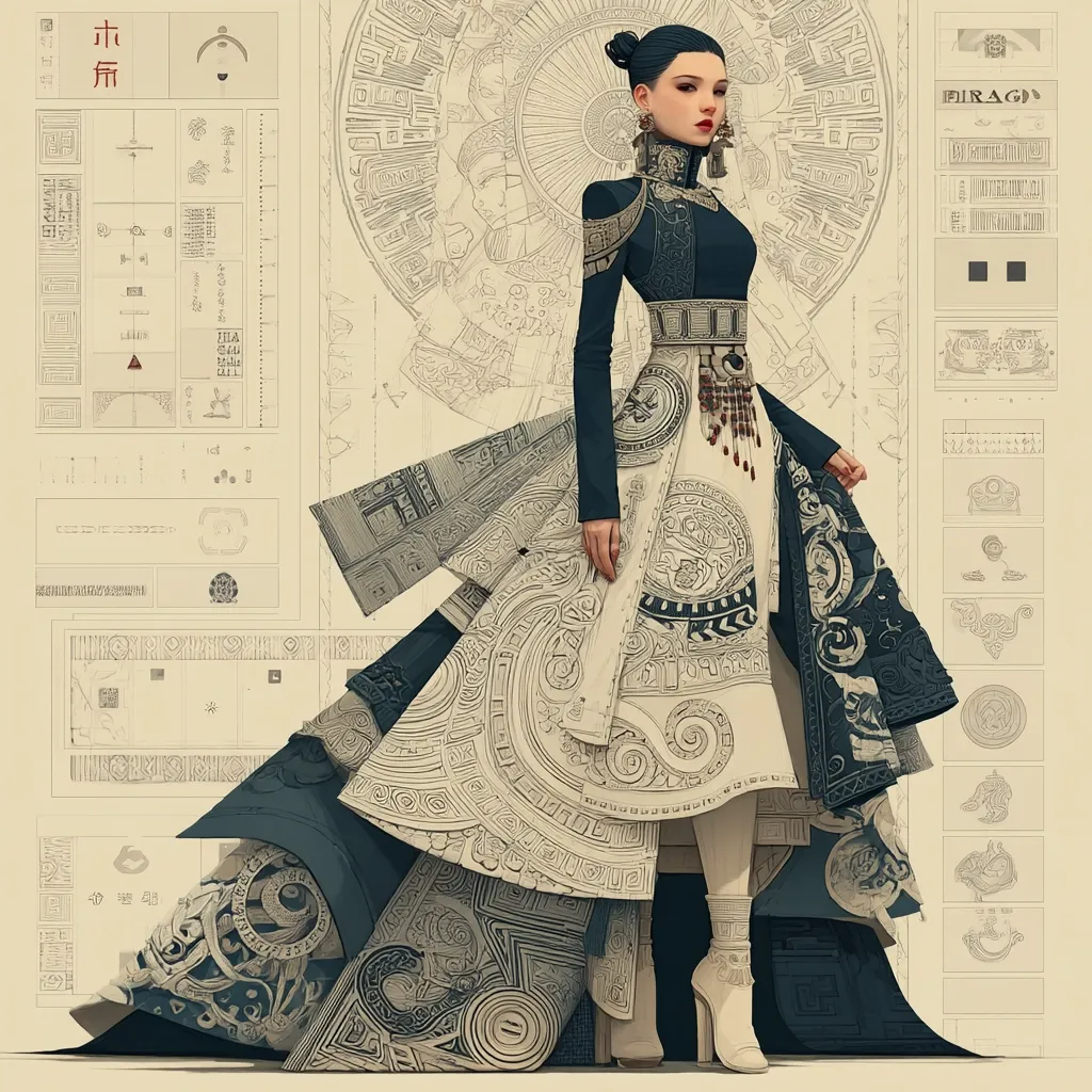 A stylized illustration depicts a woman in an elaborate, layered gown adorned with intricate, ancient-inspired patterns.  The design incorporates dark blues and creams, resembling carvings or hieroglyphs.  She stands against a background of architectural blueprints and diagrams, suggesting a connection between fashion and historical design. The overall aesthetic blends modern fashion with historical motifs.