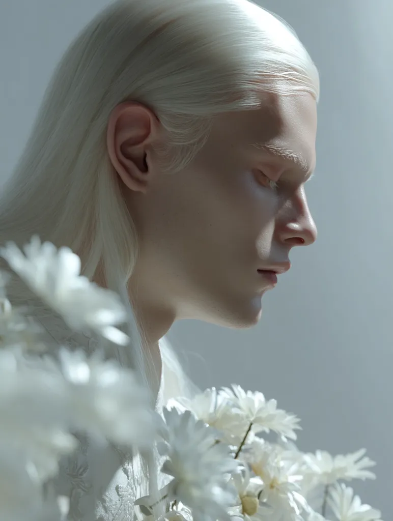 A profile shot of a person with exceptionally pale skin and long, straight white hair.  They are partially obscured by a bouquet of white chrysanthemums, creating a monochromatic and ethereal aesthetic. The subject's expression is serene and slightly melancholic, their gaze directed downward.  The overall image evokes a sense of purity and otherworldliness.