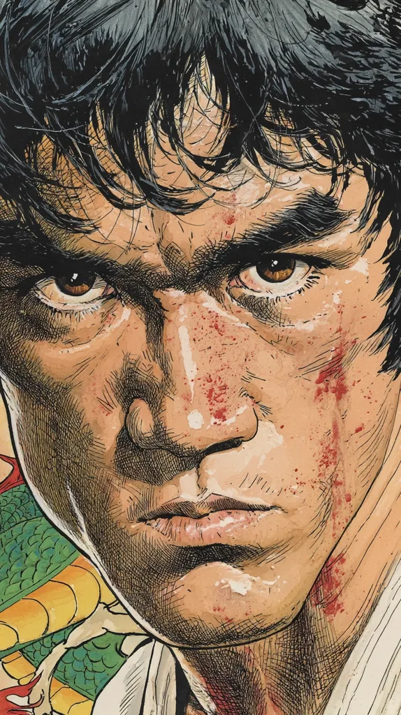 A close-up illustration depicts Bruce Lee, his face bearing the marks of battle—blood splatters across his cheeks and neck.  His expression is one of intense focus and determination, his dark eyes narrowed.  Detailed linework and shading create a textured, almost three-dimensional effect.  A portion of a dragon design is visible in the background, adding to the image's martial arts theme.