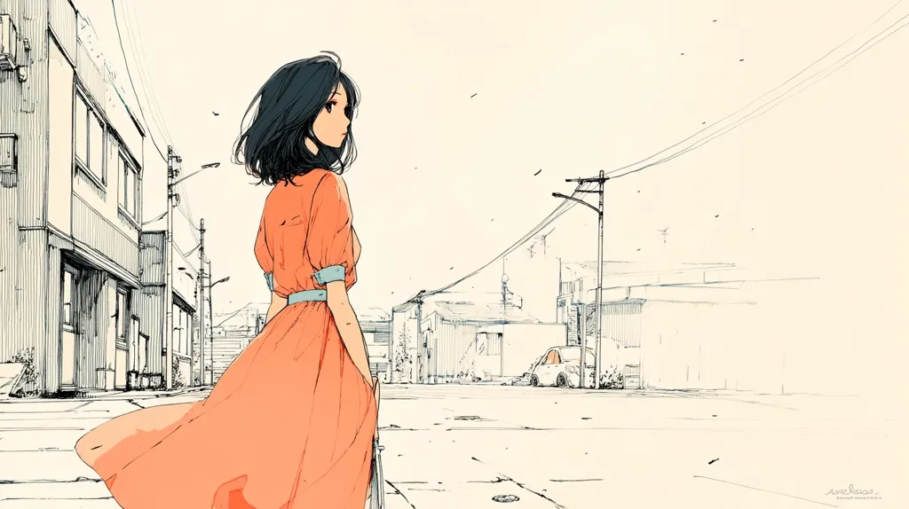 A young woman with short black hair, wearing a flowing peach dress, stands on a quiet street.  Her back is to the viewer, and she gazes down the road lined with simple, sketched buildings.  The scene is rendered in a minimalist style, with muted colors and fine linework, creating a serene and slightly melancholic atmosphere. A lone car is visible in the distance.