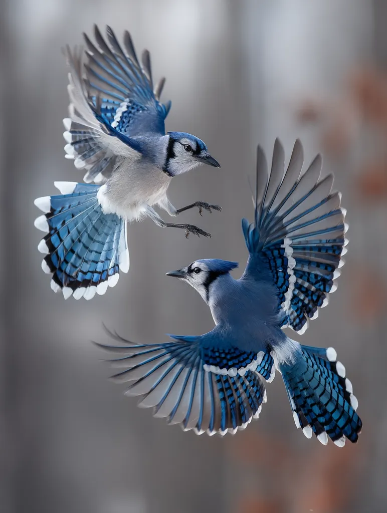 Two blue jays are captured in mid-flight, their wings outstretched in a breathtaking display of aerial agility.  The vibrant blue and white plumage of the birds is sharply detailed against a soft, blurred background of muted grays and browns.  Their bodies are angled towards each other, suggesting an interaction or playful chase. The image showcases the birds' beauty and dynamic movement.