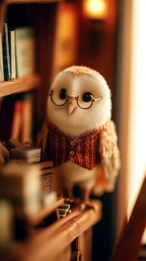 A fluffy barn owl, wearing tiny spectacles and a knitted orange sweater, perches on a wooden shelf amongst books.  The miniature scene is warm and inviting, with soft lighting highlighting the owl's endearing expression.  The books and shelf create a cozy, studious atmosphere, suggesting a whimsical library setting.  The image evokes feelings of warmth and charm.
