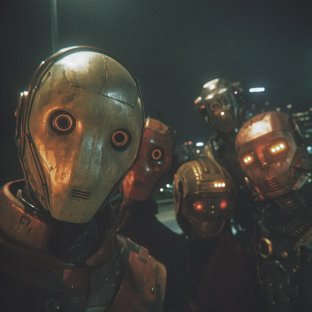 A close-up shot reveals a group of robots, their metallic faces illuminated in the dim nighttime setting.  The robot in the foreground has a weathered, gold-toned mask-like face with large, circular eyes. Behind it, other robots with varying designs and glowing lights are partially visible, suggesting a scene from a science fiction film or video game. The overall atmosphere is dark, gritty, and futuristic.