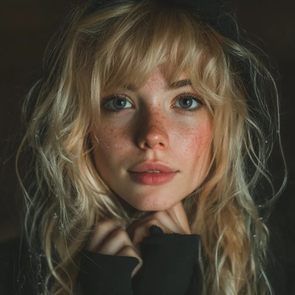 A close-up portrait of a young woman with long, wavy blonde hair and bangs.  She has fair skin with freckles and striking green eyes.  Her expression is soft and contemplative.  She's wearing a dark-colored hooded top, her hands gently clasped at her neck. The lighting is subdued, focusing attention on her face and features.