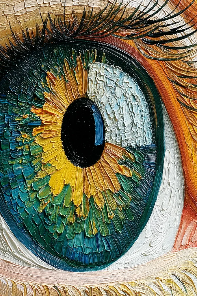 A close-up oil painting depicts a human eye, rendered with impasto technique.  The iris is a vibrant mix of greens, blues, and yellows, resembling a stylized sunflower.  Thick, textured brushstrokes create a three-dimensional effect.  The surrounding skin and eyelashes are also painted with visible brushstrokes, adding to the artwork's tactile quality.  The overall effect is highly detailed and expressive.