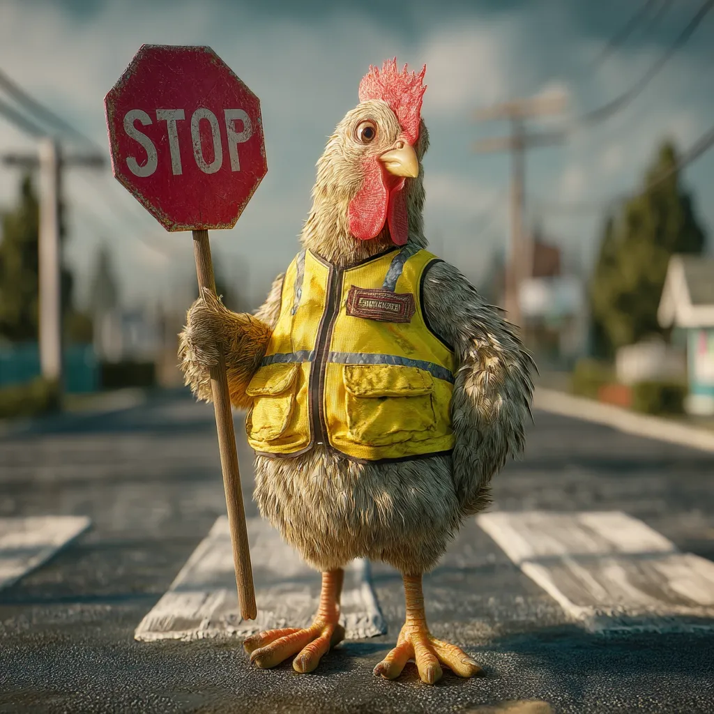 A fluffy chicken, wearing a bright yellow safety vest and holding a stop sign, stands on a crosswalk.  The chicken appears to be a traffic controller, its serious expression adding humor to the scene. The background suggests a quiet residential street. The image is digitally rendered with a focus on realistic textures and lighting.
