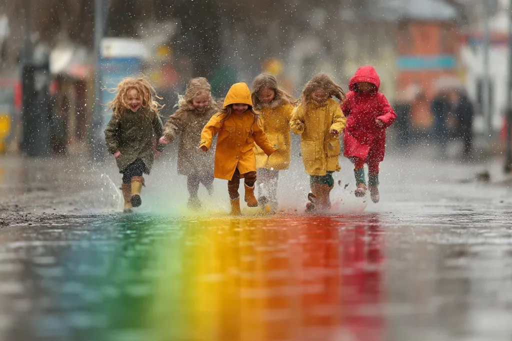 Five children in bright raincoats joyfully splash through a rain-soaked street.  Their laughter echoes as they run, creating colorful sprays of water.  A rainbow-like reflection shimmers in the puddles, mirroring the vibrant joy of the moment. The scene is a vibrant depiction of childhood fun amidst a rainy day.