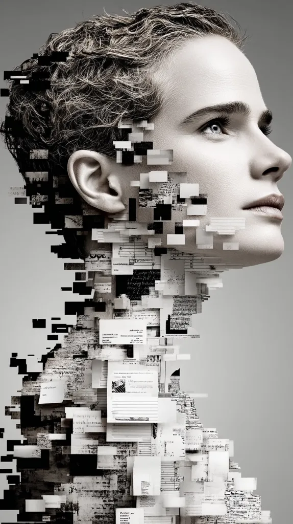 A woman's face is depicted in profile, her features partially obscured by fragmented pieces of paper and digital pixelation.  The monochrome image suggests a blend of physical and digital identity, possibly representing data overload or the merging of human and machine. The papers appear to be documents and forms, hinting at personal information or bureaucratic processes.  The overall effect is one of mystery and intrigue.