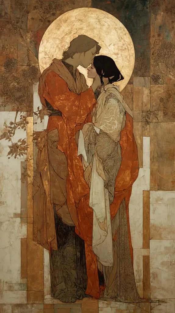 A stylized artwork depicts a couple embracing. The man, in an orange robe, kisses the woman's forehead.  She wears a creamy off-white robe with intricate detailing.  The figures are set against a geometric, gold and brown background with hints of floral motifs, creating a mosaic-like effect. The overall style suggests a blend of Art Nouveau and Byzantine influences. The painting evokes a feeling of romance and spiritual connection.