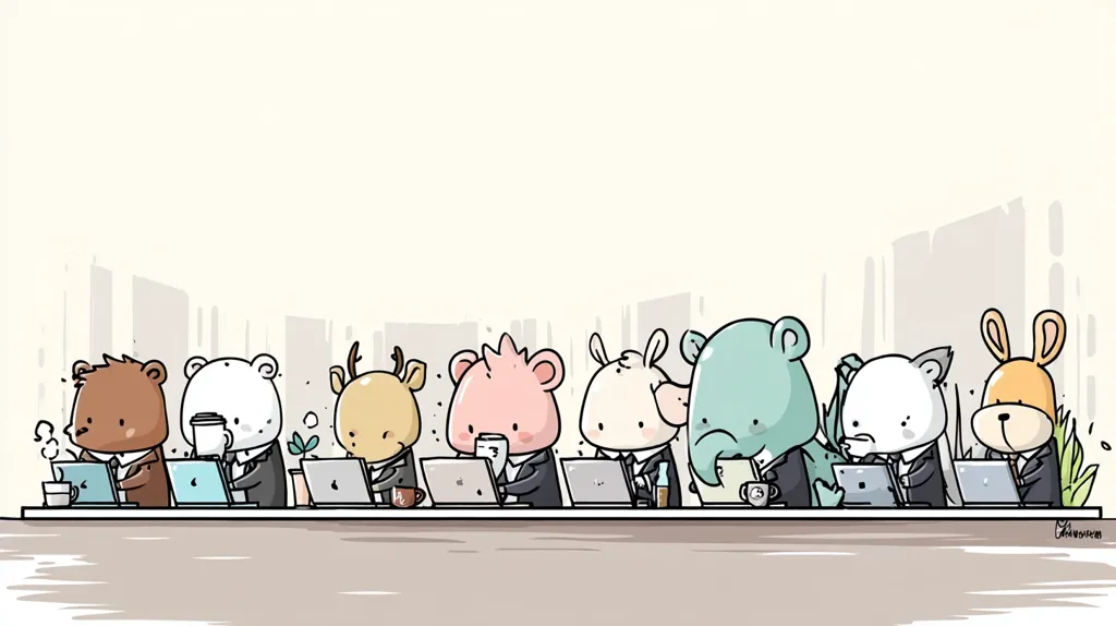 A line of adorable cartoon animals sits at a desk, each engrossed in their laptops.  Brown bear, polar bear, deer, pig, rhino, hippo, another polar bear, and a cat and rabbit are dressed in business suits, creating a whimsical office scene.  They appear focused on their work, with mugs and plants adding to the charming atmosphere.  The background suggests a city skyline.
