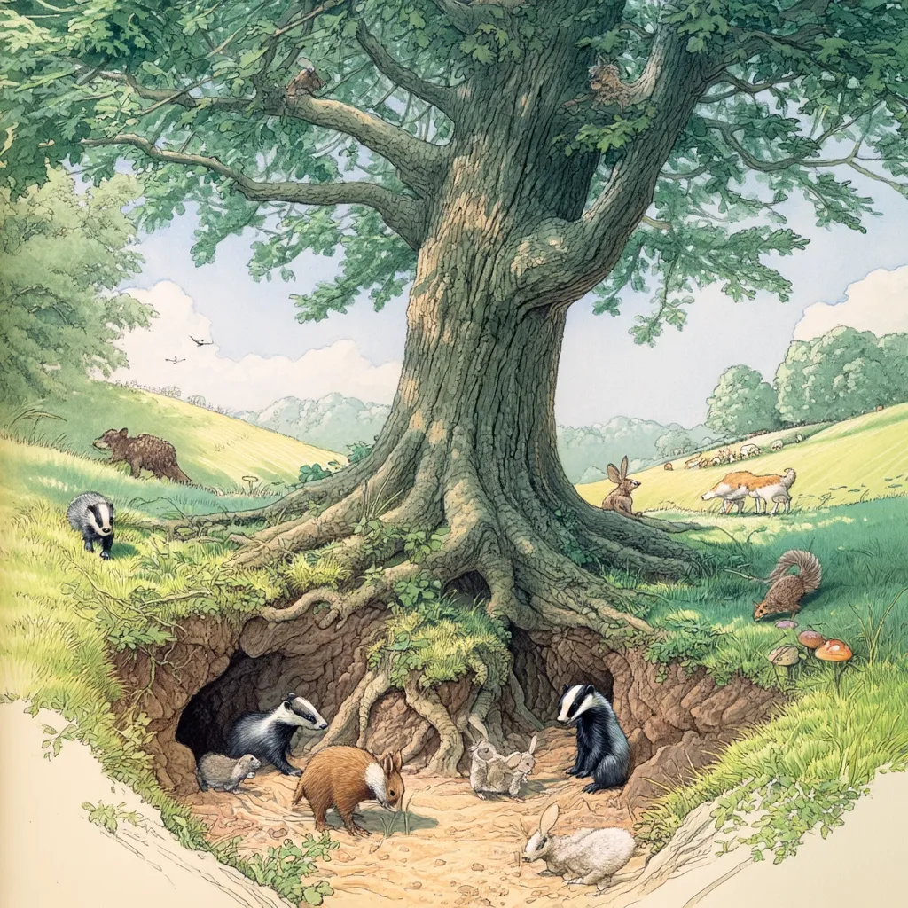 A large oak tree dominates a pastoral scene, its sprawling roots creating burrows in the earth.  Badgers emerge from the holes, alongside rabbits and a squirrel.  Other animals, including a badger, a boar, and sheep, are visible in the distance across a gently sloping hillside under a bright, clear sky.  The illustration evokes a peaceful, idyllic woodland setting.