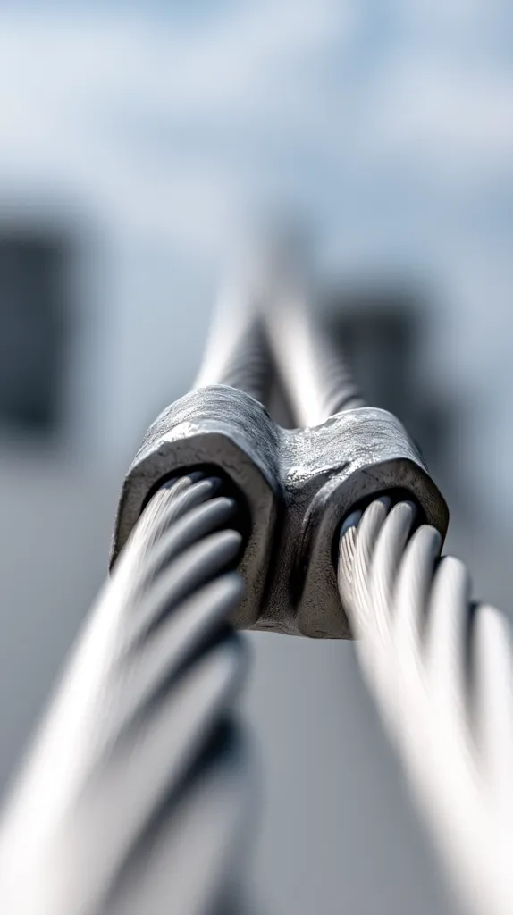 Close-up view of two steel wire ropes secured by a metal clamp. The focus is sharp on the clamp and the wires, blurring the background. The image suggests strength, engineering, and precision. The metallic texture and the way the wires are tightly bound highlight the robustness of the construction.  The background is out of focus, suggesting an outdoor setting.