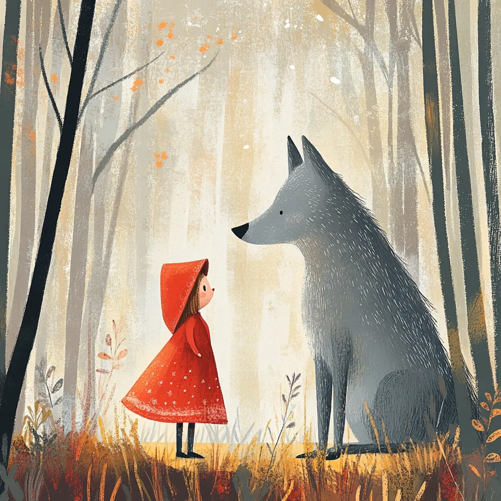 A whimsical illustration depicts Little Red Riding Hood and a large wolf facing each other in a forest.  The girl, in a vibrant red hooded cloak, gazes at the wolf, who sits calmly. The autumnal forest is rendered with soft, muted colors and textured brushstrokes, creating a gentle, slightly melancholic atmosphere.  The scene suggests a moment of anticipation before the classic fairytale unfolds.