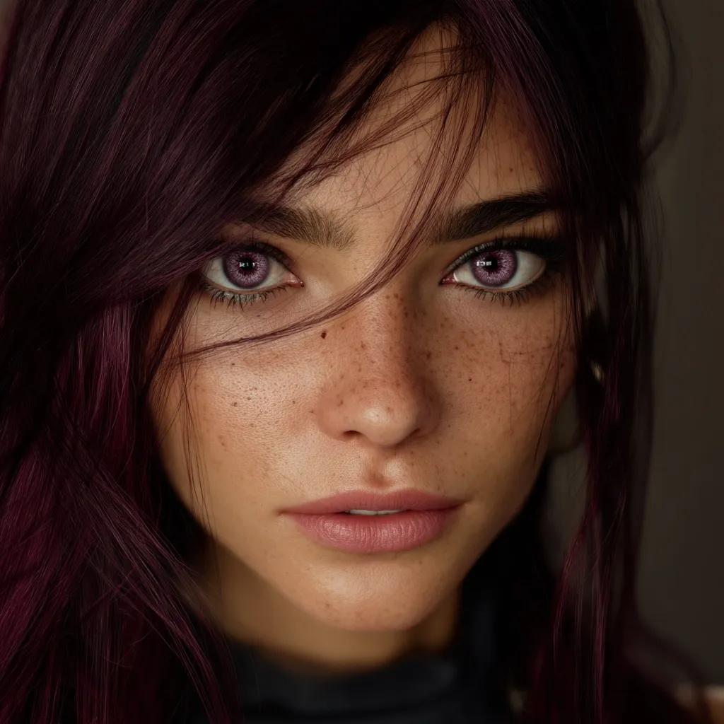 Close-up portrait of a young woman with deep burgundy hair that partially obscures her face.  She has light skin, numerous freckles, and striking purple eyes. Her expression is serious and direct, creating an intense gaze. The image's lighting and focus highlight her features, particularly her eyes and the texture of her skin.  The overall mood is one of quiet intensity and beauty.