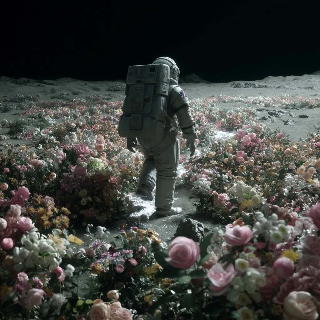 An astronaut in a spacesuit walks along a narrow path on the lunar surface.  The path is surrounded by a vibrant, lush field of flowers in various pastel colors, a surreal contrast to the grey, barren landscape.  The scene is dark, the stark black sky visible above, highlighting the unexpected beauty of the blossoming lunar flora.  The astronaut's solitary figure emphasizes the vastness of space and the improbable scene.