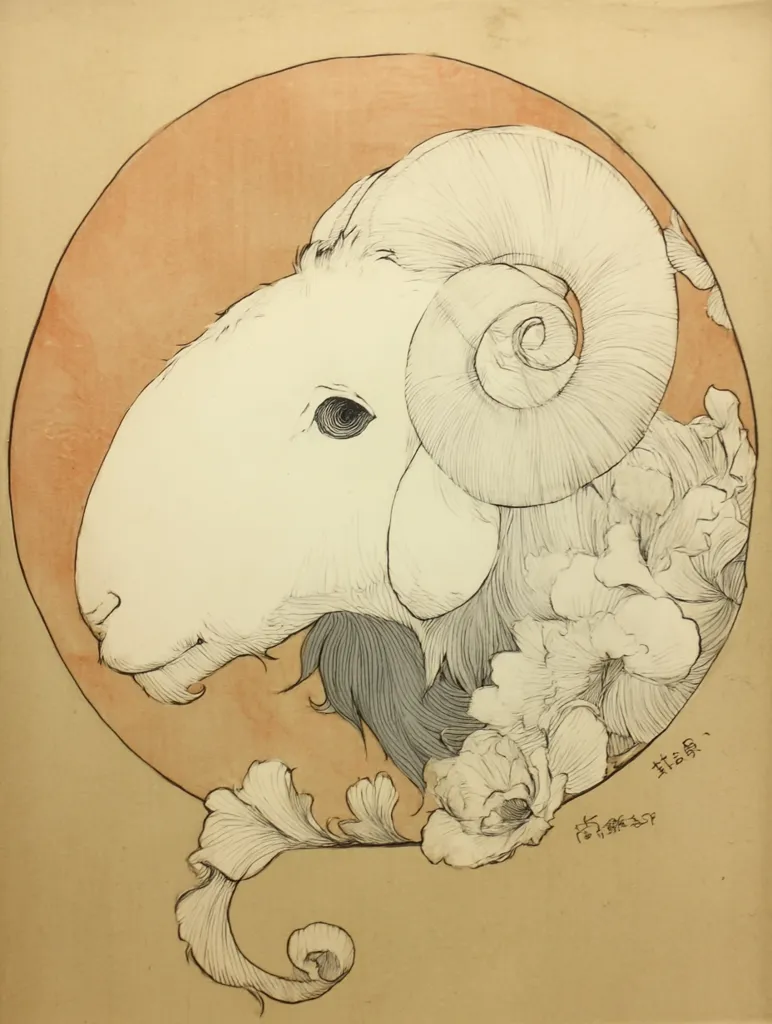 A delicate pen-and-ink drawing showcases a ram's head, its large, spiraling horn prominent.  The ram's face is rendered in light tones, contrasting with the detailed hatching on its horn and darker shading on its mane.  The composition is framed by a peach-colored circle, with stylized floral elements flanking the ram, adding an Art Nouveau feel to the piece.  A subtle Asian-inspired signature is visible in the lower right corner.