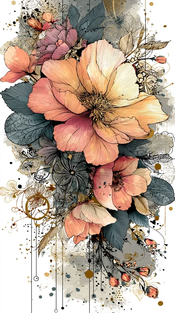 A watercolor-style illustration showcases a vibrant bouquet of peach and pink flowers, meticulously detailed with intricate linework.  Surrounding the blossoms are dark teal leaves and delicate, sketched elements, creating a sense of depth and texture.  The background features muted grays and gold accents, adding to the artwork's sophisticated and romantic aesthetic.  Splashes of color and geometric lines further enhance the piece's unique artistic expression.