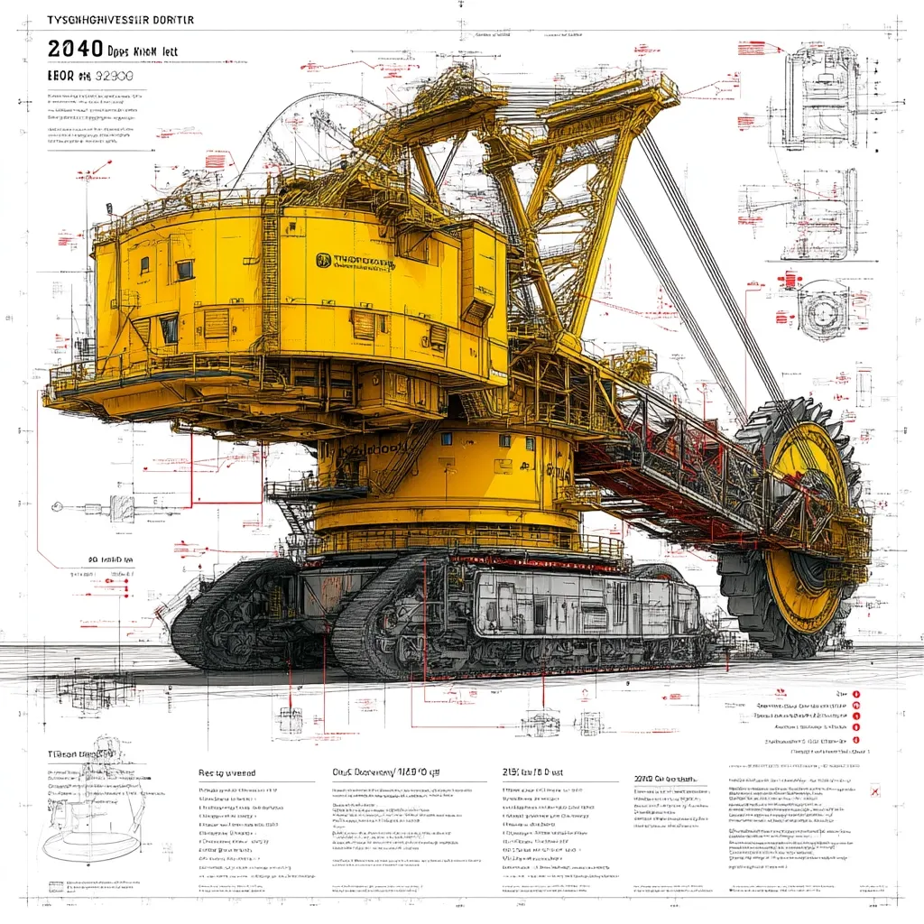 A detailed technical drawing showcases a massive, yellow mining excavator, the "2040,"  with cutaway views revealing its intricate internal mechanisms.  The illustration includes diagrams of individual components and specifications, such as weight and dimensions.  The style is reminiscent of engineering blueprints, combining artistic rendering with technical accuracy. The excavator's immense size and complex design are emphasized.